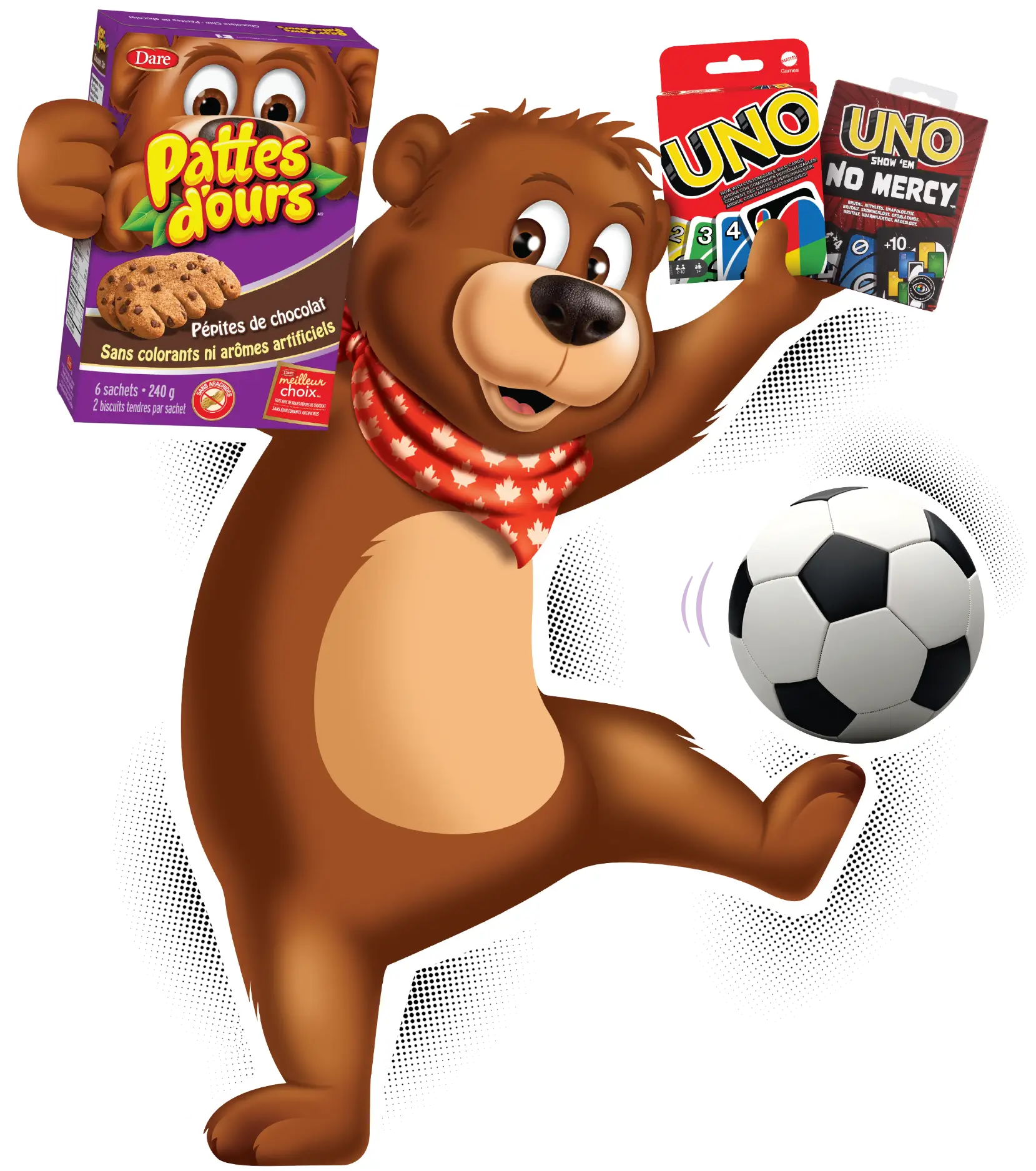 Pauley tenant des pattes d'ours aux pépites de chocolat et 2 paquets de jeux UNO