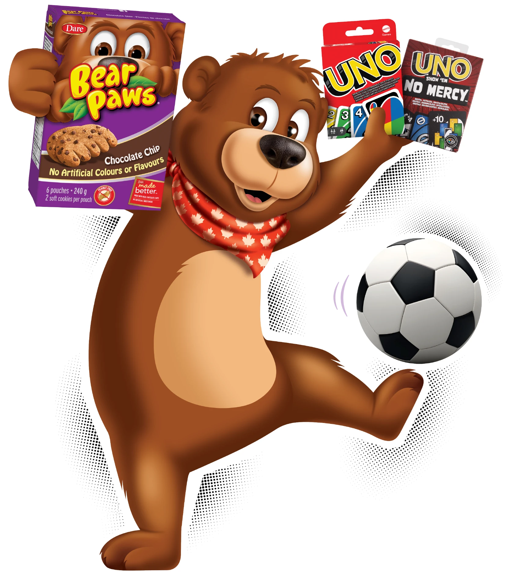 Pauley holding Chocolate Chip Bear Paws and 2 package UNO game packs